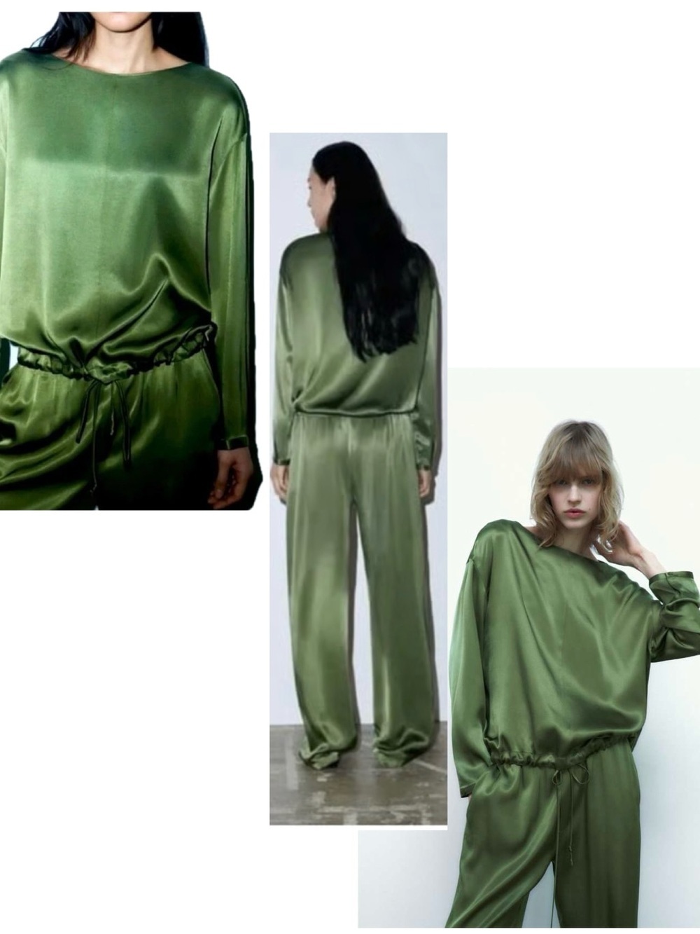 Zara satin-effect top relaxed boat neckline drawstring hem olive green Sz L
